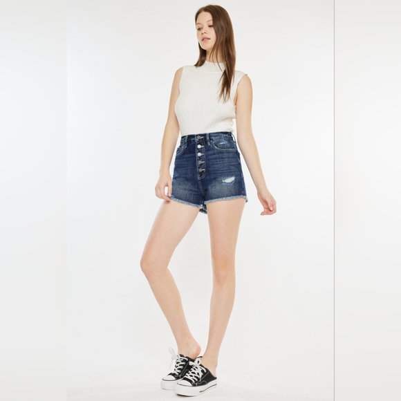 KanCan Button Fly Distressed Denim Ultra High-Rise Frayed Cut-Off Jean Shorts - Picture 11 of 13